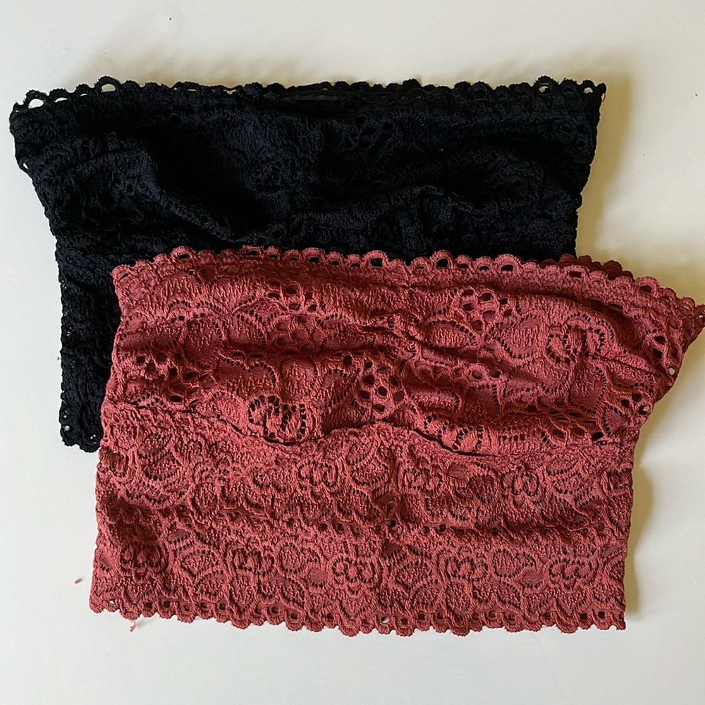 Bundle (2) Aerie XS Lacey Bandeau Bralettes, Black & Terracotta